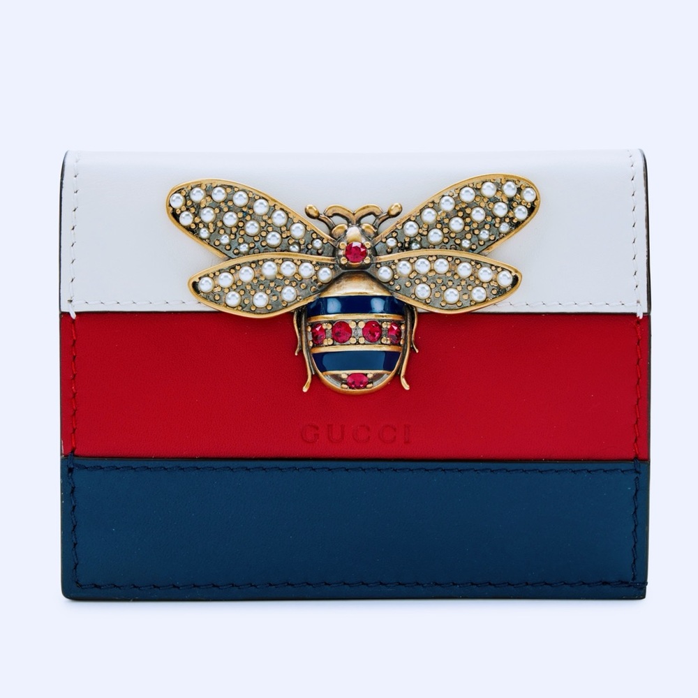 GUCCI Queen Margaret Bee Red White Navy Calf Leather Flap Zip Wallet Card Case